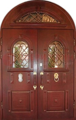 Стальная арочная дверь со стеклом и ковкой ДА-30 в дом из кирпича в Твери