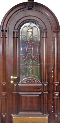 Арочная металлическая дверь массив со стеклом и ковкой ДА-50 в Твери