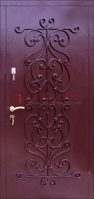 Бордовая металлическая дверь с ковкой ДК-21 в кирпичный дом в Твери
