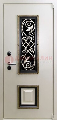 Белая стальная дверь с ковкой со стеклопакетом и МДФ ДК-30 в Твери
