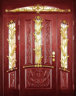 Бордовая железная парадная дверь со стеклом и ковкой ДПР-75 в Твери
