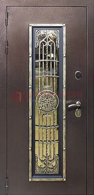 Железная дверь цвета медный антик со стеклом и ковкой ДСК-105 в Твери