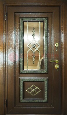 Теплая входная дверь со стеклом и ковкой разноцветной ДСК-13 в Истре