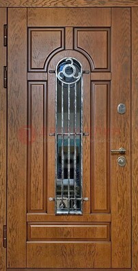 Коричневая стальная дверь со стеклом и ковкой для кирпичного дома ДСК-146 в Твери