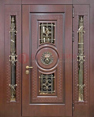 Коричневая стальная дверь со стеклом и ковкой ДСК-147 с фрамугами в Твери