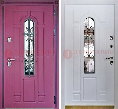 Розовая металлическая дверь со стеклом и ковкой ДСК-151 в Электроуглях