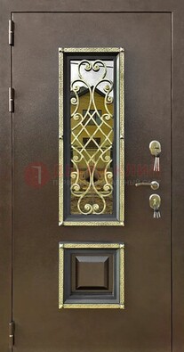 Входная дверь порошок со стеклом и ковкой для коттеджа ДСК-166 в Твери