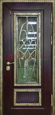 Темная уличная дверь порошок со стеклом и ковкой ДСК-167 в Твери