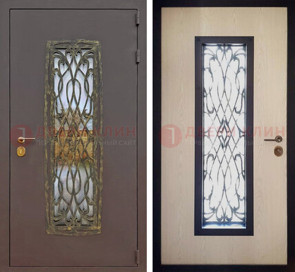 Уличная дверь порошок со стеклом и ковкой ДСК-168 коричневая в Твери