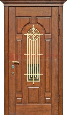 Коричневая железная дверь винорит со стеклом и ковкой ДСК-189 в Можайске