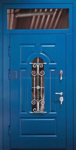 Синяя железная филенчатая дверь со стеклом и ковкой ДСК-97
