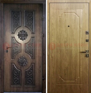 Железная коричневая дверь с виноритом и терморазрывом Золотой дуб внутри ДВТ-101 в Курске