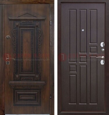 Железная коричневая уличная дверь с виноритом и МДФ Шоколад ДВТ-124 в Твери