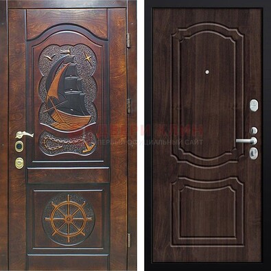 Темная железная дверь с виноритом и резьбой ДВТ-53 в Твери