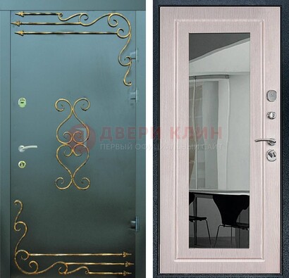 Железная темная дверь c порошковым напылением и МДФ Белый дуб с зеркалом ДЗ-110 в Белгороде
