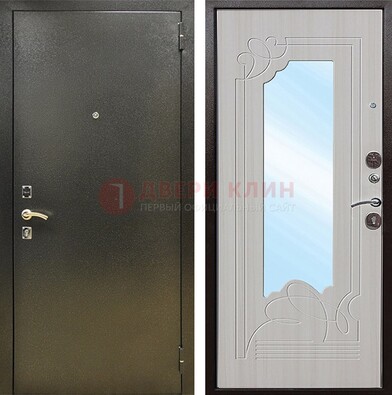 Входная темно-серая дверь c порошковым покрытием и МДФ с резьбой и зеркалом ДЗ-113 в Талдоме