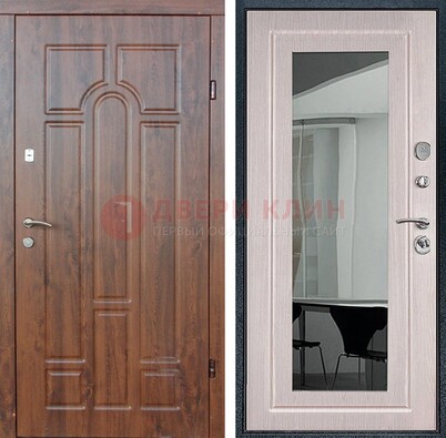 Входная коричневая дверь с МДФ Белый дуб и зеркалом ДЗ-126 в Твери