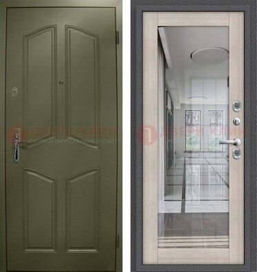 Зеленая стальная дверь с МДФ панелями и зеркалом ДЗ-137 в Твери
