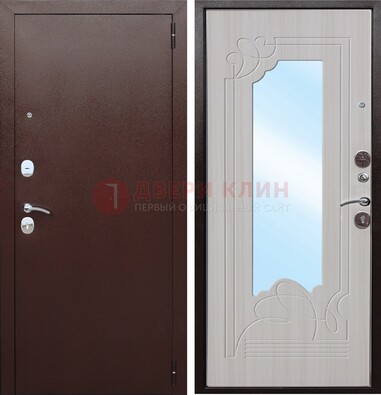 Коричневая металлическая дверь с зеркалом МДФ внутри ДЗ-33 в Твери