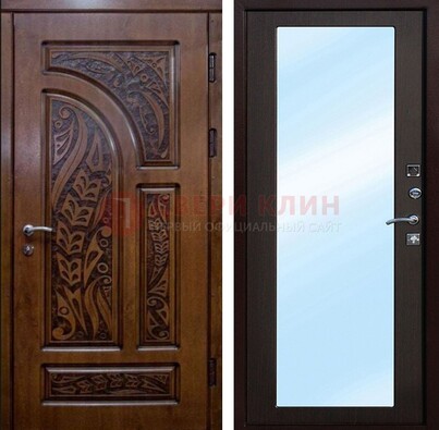 Коричневая входная дверь c узором и виноритом МДФ с зеркалом ДЗ-98 в Твери