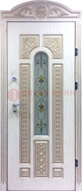 Белая железная дверь с МДФ и витражом ВЖ-26 в Твери
