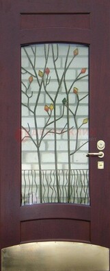 Бордовая стальная дверь с витражом и декоративным элементом ВЖ-3 в Твери